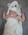 Soft white bamboo hooded towel with bear face and ears design on the front of the hood